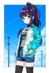  1girl absurdres black_hair black_legwear blue_eyes blue_shorts cowboy_shot earrings hand_in_pocket hieung high_ponytail highres jewelry looking_at_viewer multicolored_hair original redhead shirt short_shorts shorts solo striped striped_shirt thigh-highs two-tone_hair 
