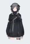  1girl black_jacket commentary frown grey_background grey_eyes grey_hair headgear holster jacket light_frown looking_at_viewer original science_fiction short_hair simple_background sleeves_past_wrists solo strap thigh_holster yucca-612 