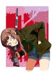  1girl bent_over brown_hair camp_weedonwantcha crazy_eyes crazy_smile gun hand_in_pocket highres jacket jcm2 open_mouth purdy rifle short_shorts shorts smile solo tree weapon yellow_eyes 