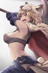  1girl armpits back berserker_(granblue_fantasy) blonde_hair breasts cape djeeta_(granblue_fantasy) gauntlets granblue_fantasy holding holding_weapon midriff nishino_(waero) open_mouth red_eyes sideboob solo sweatdrop teeth weapon 