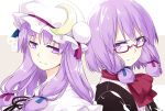  2girls alternate_hair_length alternate_hairstyle ascot bespectacled blue_ribbon commentary_request crescent dual_persona glasses hair_ribbon hat hat_ribbon long_hair looking_at_viewer mob_cap multiple_girls patchouli_knowledge purple_hair purple_ribbon ribbon sakuraba_yuuki tied_hair touhou violet_eyes younger 