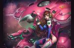  1girl arm_cannon artist_name ass bangs between_legs bodysuit boots bracer breasts brown_eyes brown_hair bunny_print character_name charm_(object) cherry_blossoms clothes_writing copyright_name d.va_(overwatch) emblem facepaint facial_mark gatling_gun gloves gun hand_between_legs hand_up handgun headphones headset highres holding holding_gun holding_weapon kaori_hero letterboxed lips lipstick logo long_hair long_sleeves makeup mecha medium_breasts meka_(overwatch) overwatch parted_lips pauldrons petals pilot_suit realistic red_lips red_lipstick ribbed_bodysuit shoulder_pads sitting skin_tight smile solo thigh-highs thigh_boots thigh_strap thrusters turtleneck weapon whisker_markings white_boots white_gloves white_legwear wind 