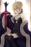  1girl blonde_hair breasts cleavage dark_excalibur elbow_gloves fate/grand_order fate/stay_night fate_(series) fur-trimmed_cape fur_coat gloves looking_at_viewer pale_skin saber saber_alter short_hair solo takashima_saki thigh-highs thighs window yellow_eyes 