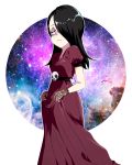  1girl black_hair dress eyeshadow gloves haiku_(the_loud_house) hair_over_one_eye highres jcm2 makeup outline red_dress skull solo the_loud_house violet_eyes 