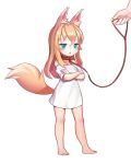  1girl :&lt; animal_ears bare_legs bare_shoulders barefoot blonde_hair blue_eyes blush body_blush brown_hair collar collarbone crossed_arms dog_collar fox_ears fox_girl fox_tail full_body highres jitome leash long_hair no_pants off_shoulder original shirt simple_background standing t-shirt tail triangle_mouth white_background 