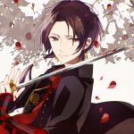  1boy armor blood bloody_weapon brown_hair closed_mouth earrings holding holding_sword holding_weapon japanese_armor jewelry kashuu_kiyomitsu lips long_hair looking_at_viewer male_focus mole mole_under_mouth nail_polish noda_(yncoon) petals ponytail red_eyes red_nails red_scarf scarf solo sword touken_ranbu upper_body weapon 