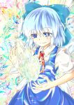  1girl blue_bow blue_eyes blue_hair bow cirno commentary_request hair_bow highres ice ice_wings shinkai_no_shachi solo touhou wings 