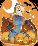  1girl adapted_costume bangs bat blonde_hair blue_eyes bodysuit breasts breasts_apart closed_mouth colored_stripes covered_navel crescent_moon detached_collar diamond_(shape) eyebrows eyebrows_visible_through_hair female frills gloves hair_tie halloween high_ponytail highres jack-o&#039;-lantern kneeling light_smile lips medium_breasts metroid moon orange_background outline ponytail pumpkin samus_aran sidelocks simple_background skin_tight smile solo splashbrush striped swept_bangs turtleneck zero_suit 