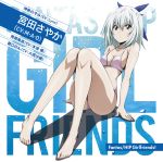  1girl barefoot bikini black_eyes blue_ribbon breasts collarbone copyright_name hair_between_eyes hair_ribbon highres keijo!!!!!!!! miyata_sayaka official_art pink_bikini ribbon short_hair silver_hair sitting small_breasts solo swimsuit 