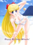  1girl aino_minako beach bent_over bikini bishoujo_senshi_sailor_moon blonde_hair blue_eyes blue_sky blush bow breasts cleavage earrings hair_bow half_updo hand_behind_head happy_birthday heart heart_earrings jewelry large_breasts long_hair mountain necklace ocean open_mouth pendant photo_background red_bow revision side-tie_bikini sky smile solo swimsuit twkr_(suguro-m) venus_symbol very_long_hair 