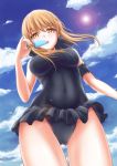  1girl armband ass_visible_through_thighs blonde_hair blue_sky blush breasts clouds fate/stay_night fate_(series) from_below highres looking_at_viewer medium_breasts popsicle saber saber_alter sky solo swimsuit thighs type-moon yellow_eyes 