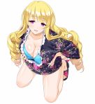  1girl ariel_foch blonde_hair breasts cleavage drill_hair floral_print full_body kure_masahiro long_hair long_sleeves official_art open_mouth sandals simple_background solo valkyrie_drive valkyrie_drive_-siren- violet_eyes white_background 