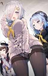  3girls absurdres black_hair blue_eyes blue_hair crotch_seam double_bun eyes_visible_through_hair hair_ornament hair_over_one_eye hairclip hamakaze_(kantai_collection) highres isokaze_(kantai_collection) kantai_collection katoroku long_hair long_sleeves multiple_girls object_on_head one_eye_closed panties panties_on_head panties_under_pantyhose pantyhose pantyshot red_eyes short_hair silver_hair sweater thighband_pantyhose underwear urakaze_(kantai_collection) yawning 