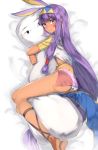  1girl barefoot bei_mochi bracelet closed_mouth earrings egyptian egyptian_clothes facial_mark fate/grand_order fate_(series) hair_tubes hairband highres hoop_earrings jewelry lavender_eyes long_hair looking_at_viewer lying medjed nitocris_(fate/grand_order) object_hug on_side purple_hair sarong sidelocks smile very_long_hair 