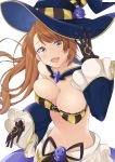  1girl beatrix_(granblue_fantasy) black_gloves breasts brown_hair cleavage eyebrows eyebrows_visible_through_hair gloves granblue_fantasy hat highres lein long_hair looking_at_viewer navel open_mouth simple_background smile solo white_background witch_hat yellow_eyes 
