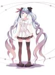  1girl absurdres alternate_costume black_ribbon blue_hair bracelet hatsune_miku highres jewelry long_hair mou_(piooooon) parted_lips pigeon-toed ribbon smile solo thigh-highs thighs twintails vocaloid white_background zettai_ryouiki 