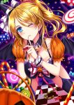  1girl ayase_eli blue_eyes blurry candy checkered checkered_floor depth_of_field finger_to_mouth halloween hat lollipop long_hair love_live! love_live!_school_idol_project morizono_shiki one_eye_closed ponytail smile solo witch_hat 