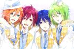  4boys ;) aiba_rui arm_around_neck blonde_hair blue_eyes blue_hair blue_necktie blush brothers earrings eyebrows eyebrows_visible_through_hair fang fedora fingerless_gloves gloves green_hair hat idol jewelry kirihara_atom male_focus marginal_#4 mini_hat multiple_boys necktie noda_(yncoon) nomura_l nomura_r one_eye_closed open_mouth outstretched_hand red_eyes redhead siblings smile star twins upper_body waistcoat white_gloves 