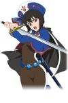  1girl black_hair bob_cut bodysuit brown_eyes cape chloe_valens covered_navel hat holding holding_sword holding_weapon looking_at_viewer official_art short_hair solo sword tales_of_(series) tales_of_legendia weapon 