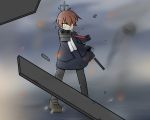  black_legwear blazer blood blood_on_face brown_hair cannon goma_(yoku_yatta_hou_jane) hair_over_one_eye jacket kantai_collection machinery messy_hair necktie ocean pantyhose pleated_skirt rubble school_uniform short_hair skirt smoke torn_clothes turret wakaba_(kantai_collection) yellow_eyes 