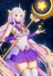  1girl blonde_hair blue_eyes bridal_gauntlets choker gradient_hair highres horn kezi league_of_legends lips long_hair looking_at_viewer magical_girl multicolored_eyes multicolored_hair pink_hair pointy_ears purple_skirt skirt sky solo soraka staff star star_(sky) starry_sky thigh-highs very_long_hair white_legwear zettai_ryouiki 