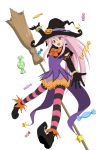  1girl absurdres arche_klein bracelet broom candy full_body gloves hat highres jewelry leggings long_hair looking_at_viewer official_art open_mouth pink_eyes pink_hair pointy_shoes puffy_pants shoes solo striped striped_legwear tales_of_(series) tales_of_phantasia witch_hat 