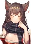  1girl ahri animal_ears ato_(haru_ato) blush breasts brown_hair cleavage closed_eyes detached_sleeves fox_ears heart highres large_breasts league_of_legends long_hair scarf smile solo upper_body whisker_markings 