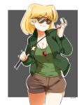    1girl artist_name blonde_hair breasts cleavage earrings golf_club highres jacket jcm2 jewelry large_breasts lori_loud short_shorts shorts signature smile solo sunglasses the_loud_house track_jacket whistle 