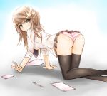  1girl all_fours ass bangs black_legwear brown_eyes brown_hair cellphone geckolion gradient gradient_background hikaru_ga_chikyuu_ni_itakoro long_hair looking_at_viewer necktie panties paper pen phone pink_panties pleated_skirt shikibu_honoka shirt skirt smartphone solo striped striped_panties thigh-highs underwear white_shirt 