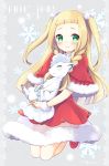  1girl 2016 adapted_costume alola_form alolan_vulpix alternate_hairstyle bangs blonde_hair blunt_bangs blush braid capelet christmas closed_mouth dress fur_trim green_eyes highres kuune_rin lillie_(pokemon) long_hair looking_at_viewer pokemon pokemon_(creature) pokemon_(game) pokemon_sm red_dress red_shoes see-through shoes smile solo twin_braids two_side_up 