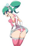  1girl ass blue_eyes calen_(time_bokan) covered_nipples cowboy_shot from_behind gloves green_hair headgear long_hair open_mouth pink_legwear ponytail puffy_nipples see-through simple_background skirt solo thigh-highs time_bokan_(series) time_bokan_24 white_background zootan 