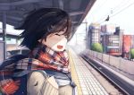  1girl :d absurdres backpack bag black_hair blurry blush checkered_scarf closed_eyes commentary_request depth_of_field fang highres open_mouth original plan_(planhaplalan) railroad_tracks scarf smile solo sweater train_station train_station_platform translation_request wind 