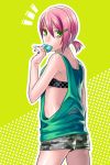  /\/\/\ 1girl camouflage camouflage_shorts casual contemporary cowboy_shot eating food_in_mouth from_behind green_background green_eyes hair_between_eyes hair_ornament hairclip haruno_sakura naruto outline pink_hair ponytail popsicle short_hair short_shorts shorts solo tank_top yuu-414 