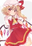 1girl arm_behind_back asa_(coco) blonde_hair bow commentary_request cravat flandre_scarlet hand_on_own_face hat hat_bow looking_at_viewer mob_cap red_eyes side_ponytail solo touhou white_background wings wristband 
