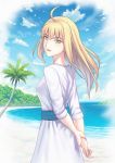  1girl ahoge alternate_costume arms_behind_back beach bird blonde_hair blue_sky blush clouds fate/stay_night fate_(series) fateline_alpha green_eyes long_hair ocean palm_tree saber scenery sky smile solo tree water wrist_grab 