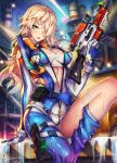  1girl blonde_hair breasts building character_request copyright_request green_eyes gun handgun head_tilt holding holding_weapon holster long_hair medium_breasts parted_lips pistol rifle rodway snorkel solo unzipped water weapon wet zipper 