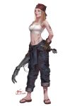  1girl bandana blonde_hair breasts brown_gloves cleavage clothes_around_waist dirty full_body fullmetal_alchemist gloves holding in-hyuk_lee long_hair medium_breasts midriff navel pants pants_rolled_up realistic sandals shirt_around_waist solo strapless tubetop winry_rockbell wrench 