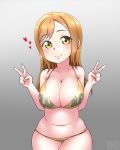  1girl ass_visible_through_thighs bare_shoulders belly breasts brown_eyes brown_hair cleavage curvy double_v ekz_(drawfag) gradient gradient_background grey_background heart highres huge_breasts long_hair looking_at_viewer navel smile solo thighs v wide_hips 