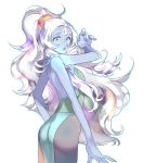  1girl ass chuong extra_arms forehead_jewel hands_together highres long_hair looking_at_viewer opal_(steven_universe) pantyhose ponytail silver_hair solo steven_universe very_long_hair 
