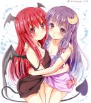  2girls bare_shoulders bat_wings blush bow breasts cleavage crescent crescent_hair_ornament demon_tail hair_ornament head_wings heart heart-shaped_pupils highres hug koakuma long_hair looking_at_viewer multiple_girls no_hat no_headwear off_shoulder patchouli_knowledge purple_hair ramudia_(lamyun) red_eyes redhead smile symbol-shaped_pupils tail touhou twitter_username violet_eyes wings 