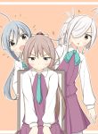  /\/\/\ 1koma 3girls ahoge asashimo_(kantai_collection) ascot bangs blouse blue_eyes blush brown_hair comic commentary dress goma_(yoku_yatta_hou_jane) grey_eyes grey_hair hair_between_eyes hair_over_one_eye hair_ribbon highres kantai_collection kazagumo_(kantai_collection) kiyoshimo_(kantai_collection) multiple_girls necktie pantyhose pleated_skirt ponytail ribbon simple_background sitting skirt sleeveless sleeveless_dress swept_bangs 