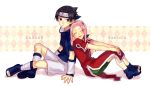  1boy 1girl argyle arm_support back-to-back barefoot_sandals black_hair center_part character_name closed_eyes forehead forehead_protector hands_on_own_knees haruno_sakura leaning_on_person long_hair naruto shorts sitting smile uchiha_sasuke white_shorts yuu-414 