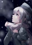  1girl bangs black_gloves blue_eyes breath cropped_jacket eyebrows eyebrows_visible_through_hair eyelashes from_side garrison_cap gloves hat highres kantai_collection long_hair looking_up nicoby profile scarf silver_hair snowing solo u-511_(kantai_collection) upper_body white_scarf winter 