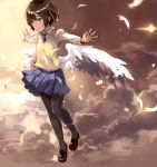  1girl :o above_clouds angel_wings black_legwear blue_necktie brown_hair clouds cloudy_sky eyebrows eyebrows_visible_through_hair feathered_wings feathers flying grey_eyes highres loafers long_sleeves looking_to_the_side necktie open_mouth original outstretched_arms pantyhose pleated_skirt school_uniform shirt shoes short_hair skirt skirt_lift sky solo spread_arms tan_(tangent) vest white_shirt wind wind_lift wing_collar wings 