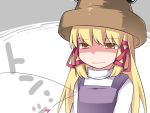  1girl blonde_hair breast_conscious commentary_request empty_eyes flat_chest hair_ribbon hammer_(sunset_beach) hat heart long_hair looking_at_viewer moriya_suwako ribbon sidelocks solo touhou translation_request upper_body yellow_eyes 