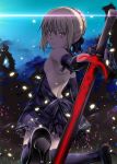  blonde_hair breasts dark_excalibur dress elbow_gloves fate/stay_night fate_(series) gloves high_heels kneeling looking_at_viewer looking_back saber saber_alter sideboob small_breasts thigh-highs tsuyadashi_shuuji yellow_eyes 