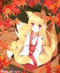  1girl animal_ears blonde_hair blush commentary_request eyebrows eyebrows_visible_through_hair flower fox_ears hair_flower hair_ornament highres japanese_clothes kimono leaf maple_leaf miko non_(wednesday-classic) original red_eyes sitting solo tatami 
