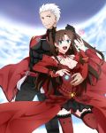  1boy 1girl :d akira_(ubw) archer bare_shoulders bracelet breasts brown_hair cleavage detached_sleeves earrings fate/stay_night fate_(series) jewelry open_mouth red_legwear skirt smile standing standing_on_one_leg thigh-highs toosaka_rin twintails white_hair zettai_ryouiki 
