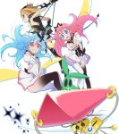  3girls :d ahoge antenna_hair blue_eyes blue_hair butterfly butterfly_hair_ornament dress elbow_gloves flip_flappers gloves grin hair_ornament highres kojima_takashi kokomine_cocona long_hair magical_girl multiple_girls official_art open_mouth papika_(flip_flappers) pink_hair rabbit red_eyes robot smile sparkle transparent_background tt-392 uexkull yayaka 