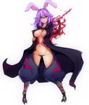  1girl alternate_costume animal_ears ass_visible_through_thighs aura black_cloak black_panties breasts center_opening cloak closed_mouth full_body groin large_breasts long_hair looking_at_viewer lowleg lowleg_panties navel open_cloak panties pants purple_hair rabbit_ears red_eyes red_pants reisen_udongein_inaba revealing_clothes solo sprout_(33510539) stomach touhou underwear white_background 
